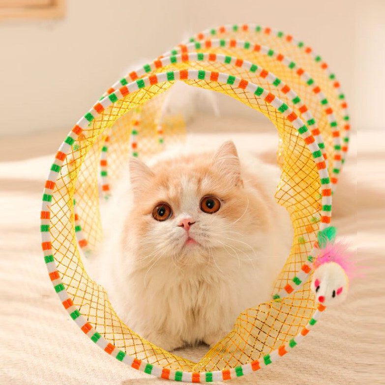 Cat playing with Spiral Cat Tunnel Toy, showing mouse and feather attachments