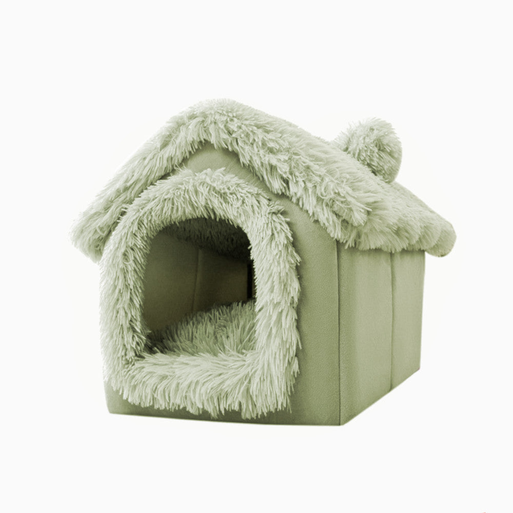 Green Cozy Pet House Bed - Enclosed Roof for Cats and Dogs