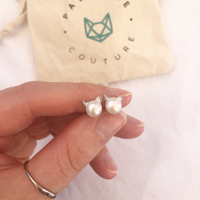 Silver Pearl Cat Earrings